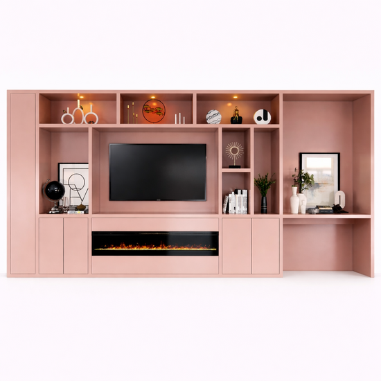 123kast  Tv/bureau vakkenkast Narni met openhaard 535x45x255H cm - 5cm plank dikte - PRIJS OP AANVRAAG