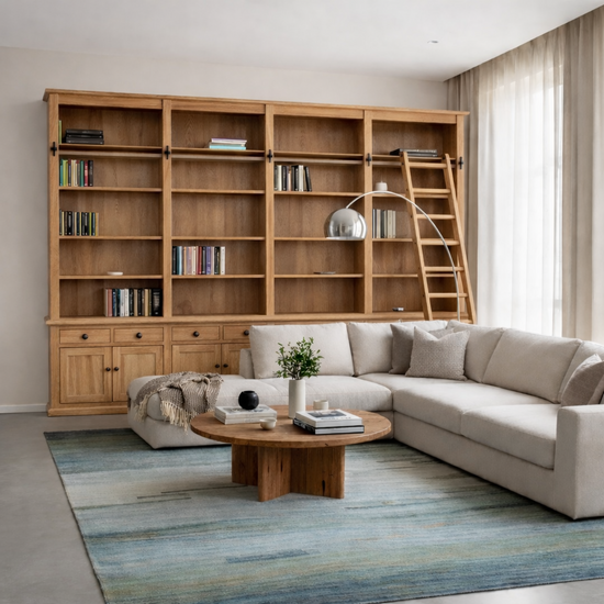 123kast  Boekenkast Melena del Sur - 400x43x240H cm - Eiken - met stang en ladder - 20 planken - 4 uitschuif planken - 8 scharnierdeuren - verstelbare planken