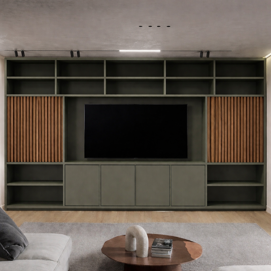 123kast  CinewallWinterberg 04 - 400x40x250H cm - cinewall - tv vak - met schuifdeuren - open vakken - push to open deuren - strak design