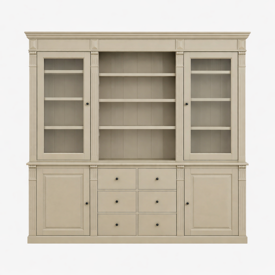 123kast  Showmodel Buffet/Boekenkast Edinburgh - 225x50x210H cm - 2 vitrine deuren - open vak - 2 dichte deuren - 6 soft close lades - verstelbare planken - landelijke afwerking