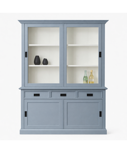 Showmodel Buffetkast Chateau - 125x45x220H cm - 2 vitrine schuifdeuren - 3 soft close lades - 2 dichte schuifdeuren - glazen zijkanten