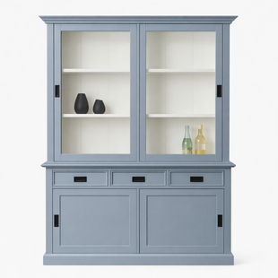 Showmodel Buffetkast Chateau - 125x45x220H cm - 2 vitrine schuifdeuren - 3 soft close lades - 2 dichte schuifdeuren - glazen zijkanten