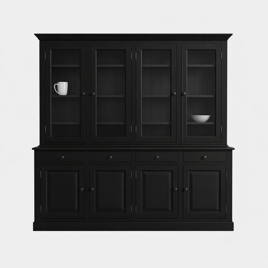 123kast  Voorraad Buffetkast Santa Barbara - 230x45x230H cm - RAL 9005 - 4 vitrine scharnierdeuren - 4 soft close lades - 4 dichte scharnierdeuren - verstelbare planken