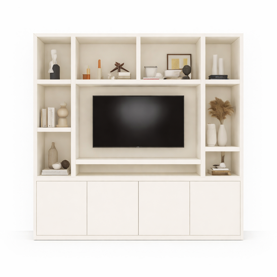 123kast  Voorraad TV vakkenkast Jose - 250x40x240H cm - RAL 9001 - 10 open vakken - 4 push to open deuren - 5cm plank dikte