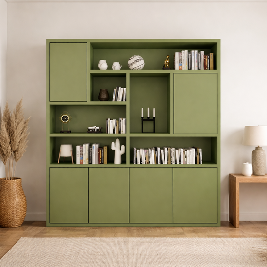 123kast  Vakkenkast Pamploma - 200x35x235H cm - 4cm plank dikte - strak design - greeploze deuren in bovenkast - open vakken - push to open deuren