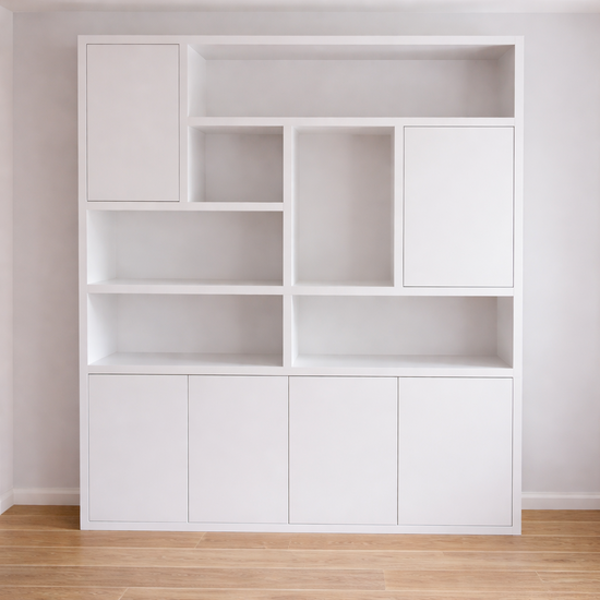 123kast  Vakkenkast Pamploma - 200x35x235H cm - 4cm plank dikte - strak design - greeploze deuren in bovenkast - open vakken - push to open deuren