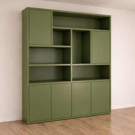 123kast  Vakkenkast Pamploma - 200x35x235H cm - 4cm plank dikte - strak design - greeploze deuren in bovenkast - open vakken - push to open deuren