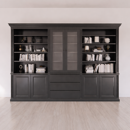 123kast  Boekenkast Amalfi  - 320x40x220H cm - verstelbare planken - vitrinedeuren - 4 push to open deuren - 3 greeploze lades