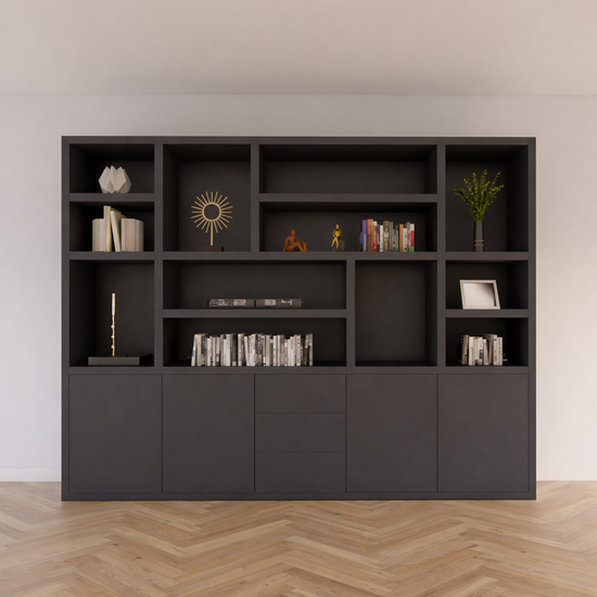 123kast  Vakkenkast Tolosa - 290x46x220H cm - open vakken- strak design - push to open lades en deuren