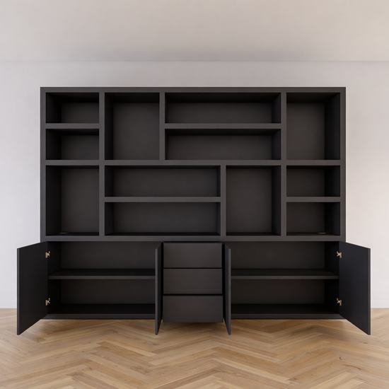 123kast  Vakkenkast Tolosa - 290x46x220H cm - open vakken- strak design - push to open lades en deuren