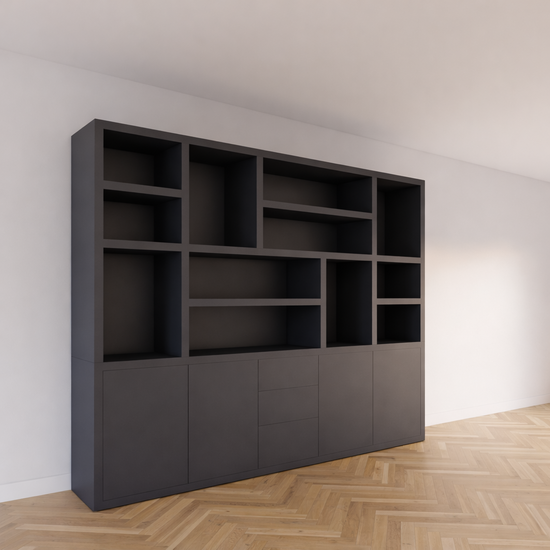 123kast  Vakkenkast Tolosa - 290x46x220H cm - open vakken- strak design - push to open lades en deuren