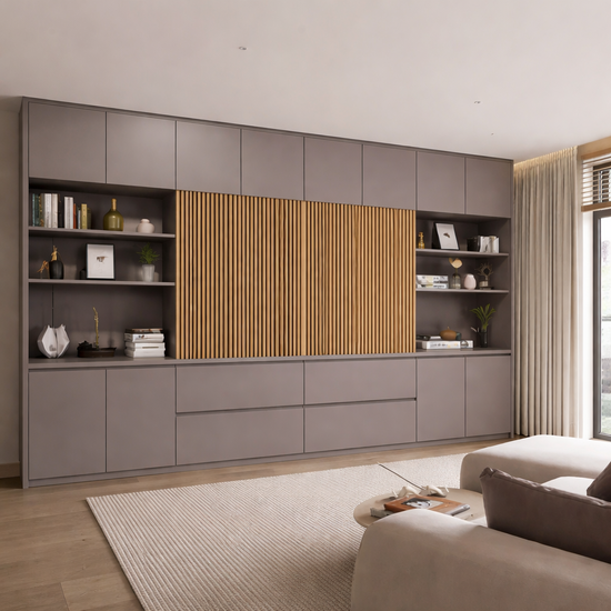 123kast  TV Vakkenkast/tv-kast Winterberg - 400x40x240H cm - cinewall - tv vak - met schuifdeuren - 12 push to open deuren - 4 greeploze soft close lades - strak design - demontabel - 3cm plankdikte