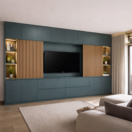 123kast  TV Vakkenkast/tv-kast Winterberg - 400x40x240H cm - cinewall - tv vak - met schuifdeuren - 12 push to open deuren - 4 greeploze soft close lades - strak design - demontabel - 3cm plankdikte