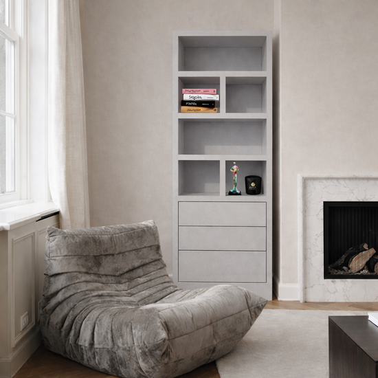 123kast  Vakkenkast Dallas - 90x40x230H cm - strak design - open vakken - 3 greeploze soft close lades - 5cm plank dikte