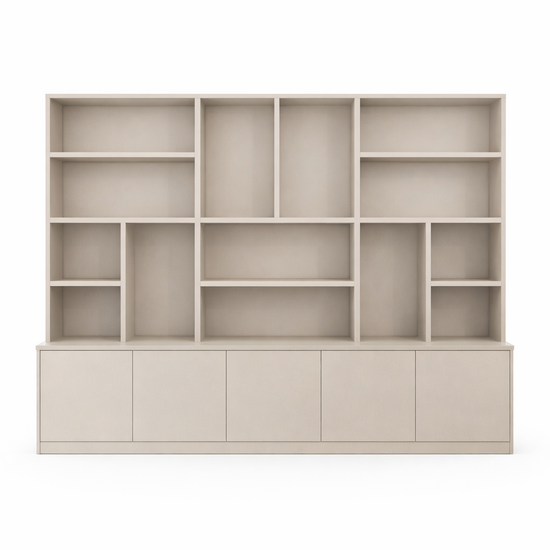 123kast Showmodel Vakkenkast Sineu - 300x30/50x240H cm - ondiepere bovenkast - strak design - 5 greeploze deuren - open vakken - 3cm plank dikte