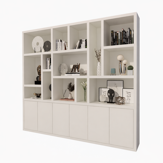 123kast  Vakkenkast Madrid - 280x40x240H cm - 5cm plank dikte - strak design - 6 greeploze push to open deuren - open vakken