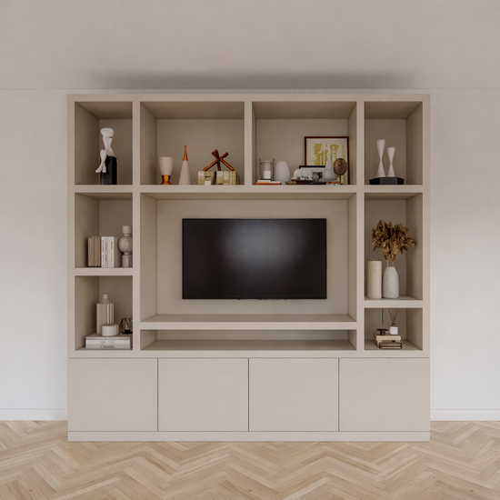 123kast  Tv vakkenkast Jose - 250x40x240H cm - 10 open vakken - 4 push to open deuren - 5cm plank dikte