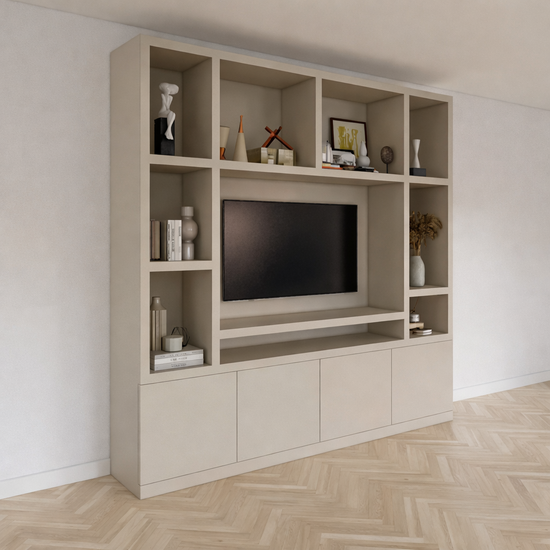 123kast  Tv vakkenkast Jose - 250x40x240H cm - 10 open vakken - 4 push to open deuren - 5cm plank dikte