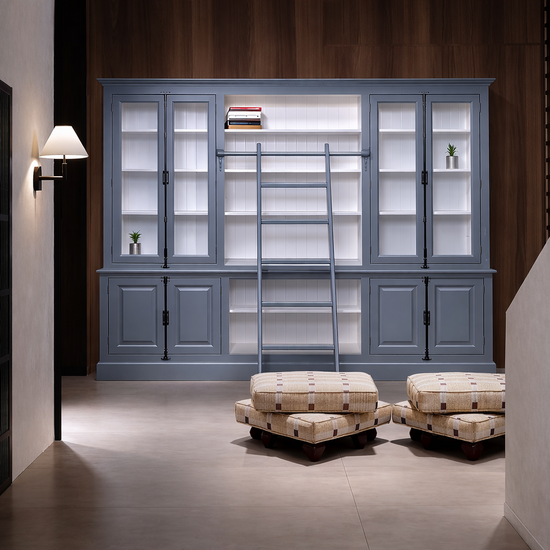 123kast  Boekenkast - English library - 300x50x230H cm - met ladder - met vitrinedeuren - espagnolet sluiting