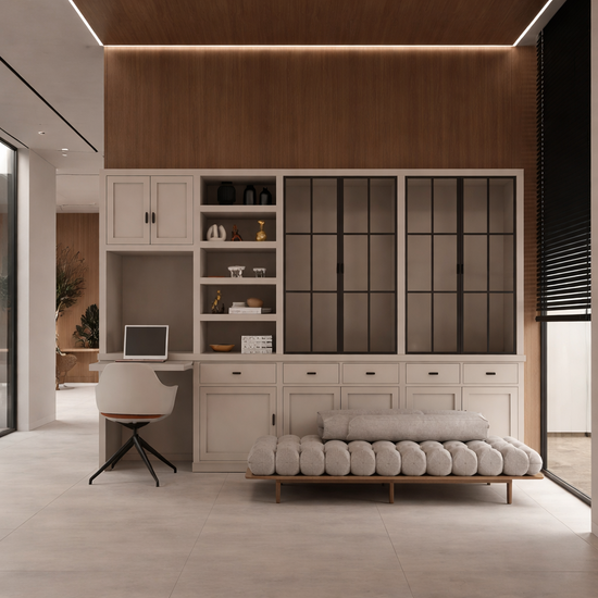 123kast  Bureau buffetkast Kansas - 340x50x220H cm - met stalen deuren - bureau vak met uitschuif plank - open boekenkast gedeelte