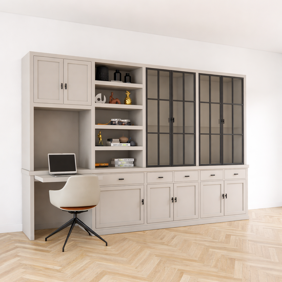 123kast  Bureau buffetkast Kansas - 340x50x220H cm - met stalen deuren - bureau vak met uitschuif plank - open boekenkast gedeelte