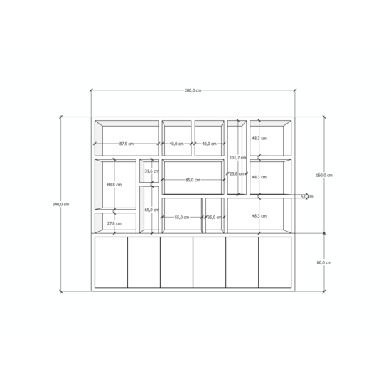 123kast  Vakkenkast Madrid - 280x40x240H cm - 5cm plank dikte - strak design - 6 greeploze push to open deuren - open vakken