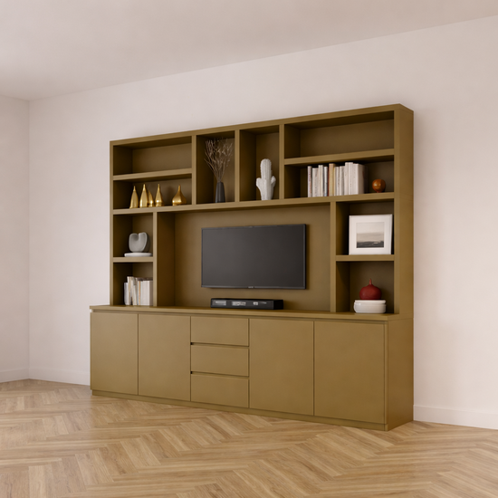 123kast  Tv vakkenkast Sineu 02 - 250x30/50x240H cm - push to open deuren - soft colse lades - open vakken - strakke afwerking