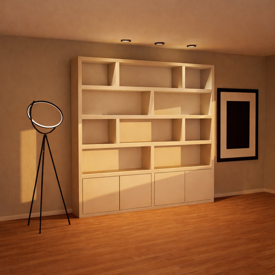 123kast  Vakkenkast Londen 02 - 250x40x240H cm - strak design - 4 greeploze deuren - push to open deuren - open vakken - 5cm plank dikte