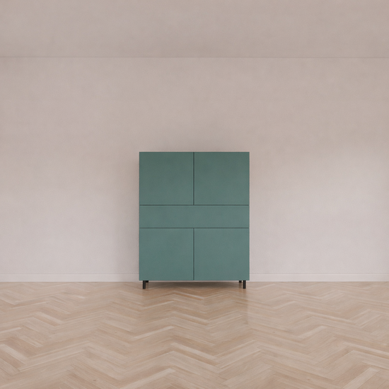 123kast  Opbergkast Piana - 112x42x162H cm - op stalen zwarte poten - 1 push to open lade - 4 push to open deuren