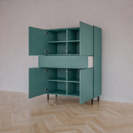 123kast  Opbergkast Piana - 112x42x162H cm - op stalen zwarte poten - 1 push to open lade - 4 push to open deuren