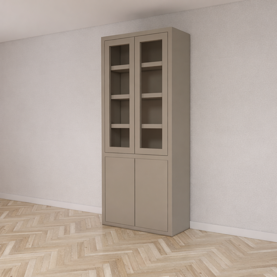 123kast  Vitrinekast Latina - 100x42x230H cm - 2 greeploze vitrinedeuren - 2 greeploze dichte deuren - strak design - vaste planken