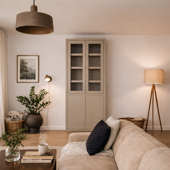 123kast  Vitrinekast Latina - 100x42x230H cm - 2 greeploze vitrinedeuren - 2 greeploze dichte deuren - strak design - vaste planken