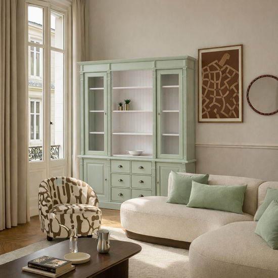 123kast  Buffet/Boekenkast Edinburgh - 225x50x230H cm - 2 vitrine deuren - open vak - 2 dichte deuren - 6 soft close lades - verstelbare planken - landelijke afwerking