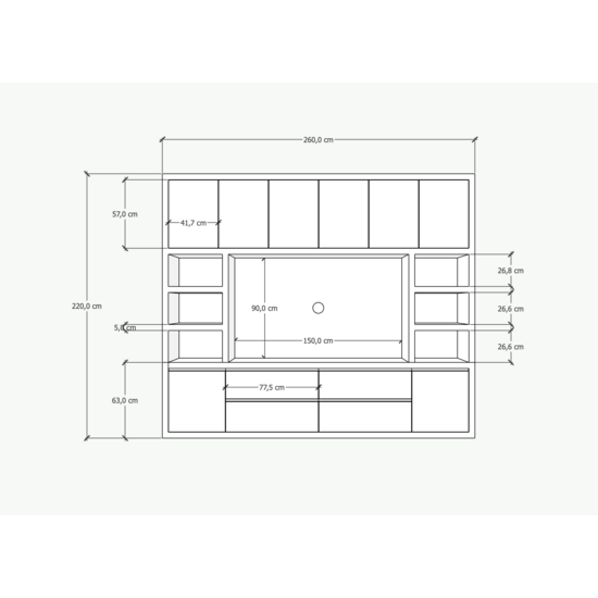 123kast  Cinewall Biarritz - 260x40x220H cm - tv vak - cinewall - push to open deuren - greeploze soft close lades - open vakken - strak design - 5cm plank en frame dikte