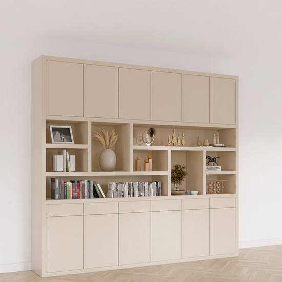 123kast  Vakkenkast Lanzarote 02 - 300x40x260H cm - push to open deuren - push to open lades - strakke afwerking