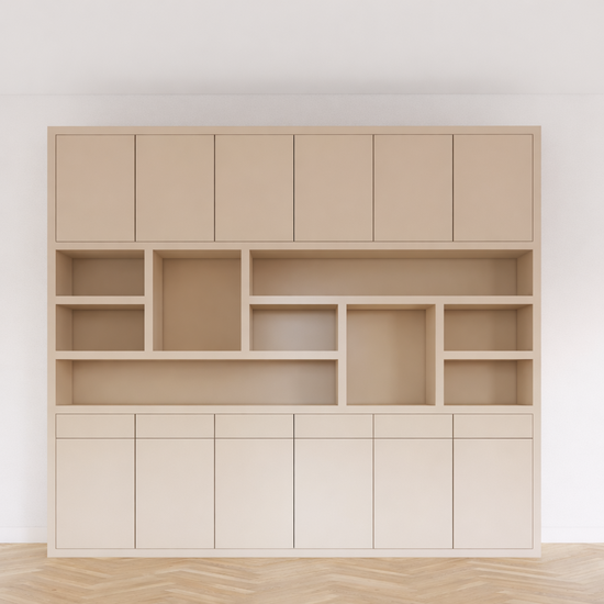 123kast  Vakkenkast Lanzarote 02 - 300x40x260H cm - push to open deuren - push to open lades - strakke afwerking