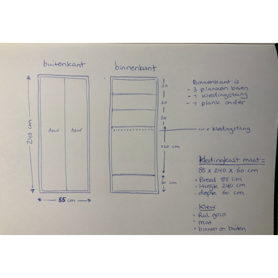 123kast Maatwerk kledingkasten (zoals schets)  - 85 x 60 x 240H cm - Onderkast (150 cm) met 1 plank onderin en 1 kledingstang - Bovenkast (90 cm) met 2 planken - RAL 9010