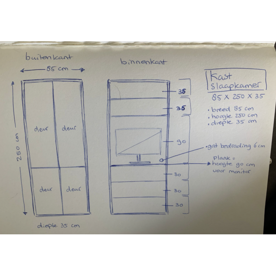 123kast Maatwerk slaapkamerkast (zoals schets) - 85 x 35  x 250Hcm - Onderkast (90 cm) met 3 planken - Bovenkast (160 cm) met 2 planken - RAL 9010