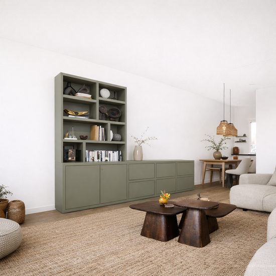 123kast  Tv dressoir/vakkenkast Genola - 340x45/30x240H cm - 5cm plank dikte -  6 push to open lades - 2 push to open deuren - open vakken