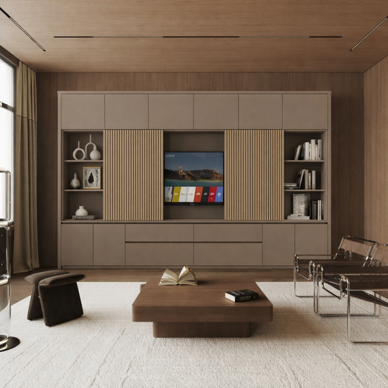 123kast  Vakkenkast/tv-kast Winterberg 2 - 320x40x240H cm - Tv vak - cinewall - eiken schuifpanelen - open vakken - 4 greeploze lades - 6 push to open deuren - 4 greeploze deuren - strak design