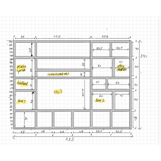 123kast Maatwerk TV kast (zoals schets) - 323 x 40 x 241H cm - plank dikte 3 cm