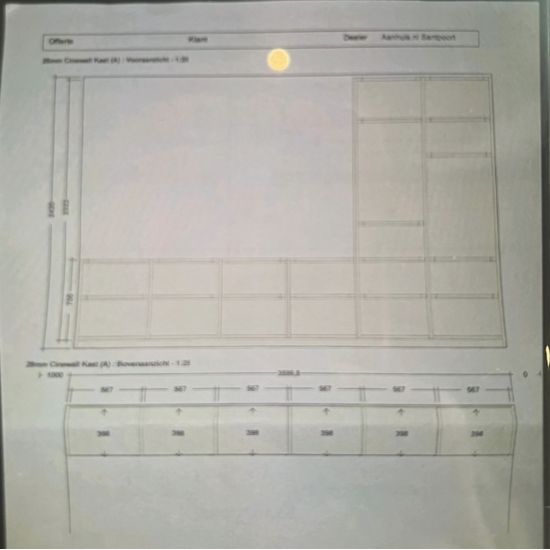 123kast Maatwerk dressoir kast (zoals schets) - 380 x 30/40 x 240H cm - 3 cm plankdikte - eigen indeling vakken - 2 deurtjes boven in - push to open - 6 deurtjes onderin het dressoir - S 2005 Y10R