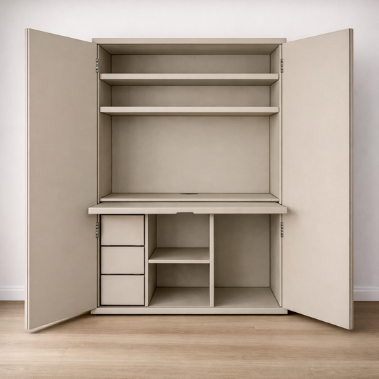 123kast Computerkast Roma 02 - 120x60x190H cm - uitschuifblad - 2 dichte scharnierdeuren - verstelbare bovenplanken - strakke afwerking