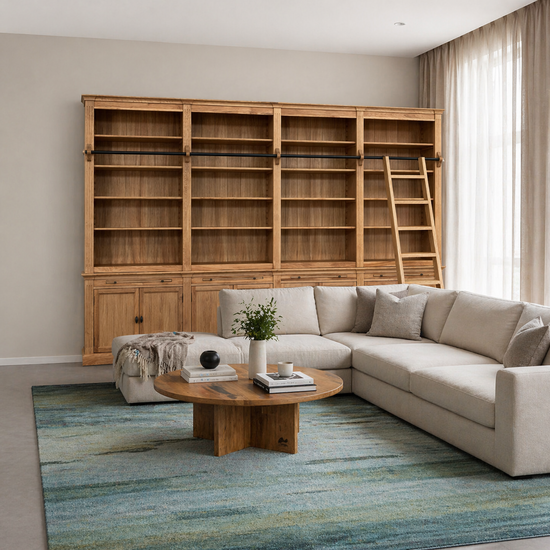 123kast  Boekenkast Melena del Sur - 400x43x240H cm - Eiken - met stang en ladder - 20 planken - 4 uitschuif planken - 8 scharnierdeuren - verstelbare planken