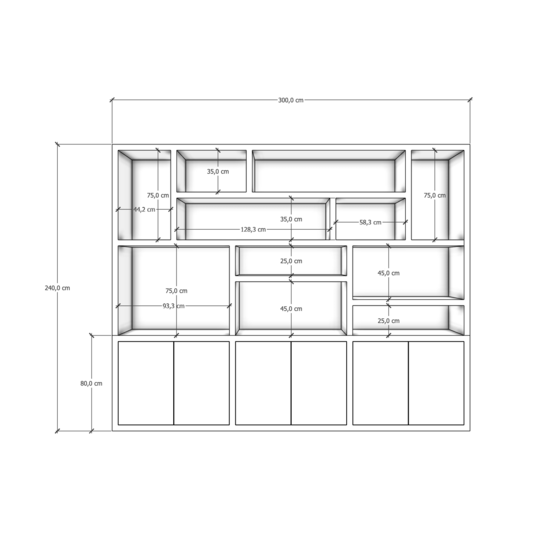 123kast Vakkenkast Tulum - 300x40x240H cm - plank dikte 5cm - push to open deuren - strakke afwerking