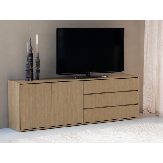 123kast  Dressoir Sidney - 220x45x80H cm -  strak design - licht eiken - 2 greeploze deuren - 3 greeploze lades
