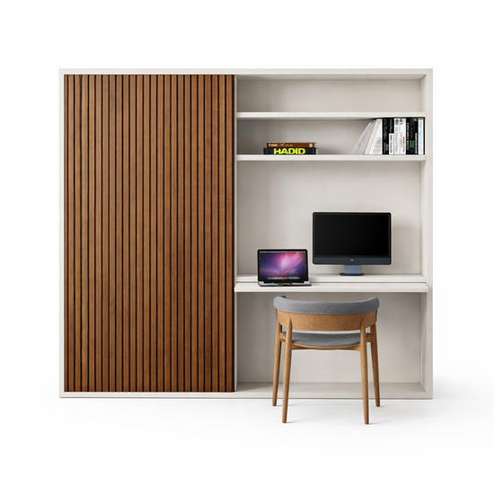 123kast Tv bureau kast San Antonio - 290x40x240H cm - eiken schuifdeur - uitschuif werkblad - push to open deuren - strakke afwerking