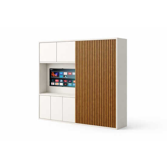 123kast Tv bureau kast San Antonio - 290x40x240H cm - eiken schuifdeur - uitschuif werkblad - push to open deuren - strakke afwerking