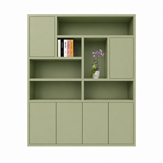 123kast  Vakkenkast Pamploma - 200x35x235H cm - 4cm plank dikte - strak design - greeploze deuren in bovenkast - open vakken - push to open deuren