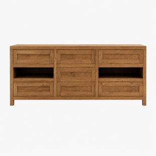 Dressoir - 220 x 50 x 80H cm - Robuust kleur eiken - 7 lades - 2 open vakken
